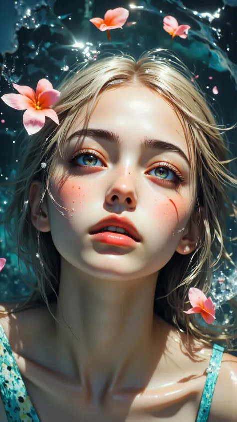 8k, masterpiece, highest quality, Ethereal, blonde woman in water, face tilted upward, eyes closed, serene expression, flower petals floating, sparkling water droplets, vibrant colors, dreamy atmosphere, soft lighting, fantasy portrait, high detail