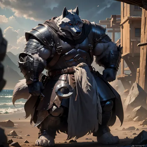 By Taran Fiddler, an anthropomorphic knight wolf wearing a knight armor (realistic, detailed, american shot, mustached, bearded, aesthetic physique, is 1.6 meters tall, small, grey fur, extremely thick large oversized massive big leg muscles, extremely thi...