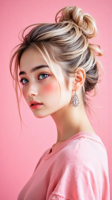 8k, masterpiece, highest quality, woman, blonde hair, updo hairstyle, blue eyes, pink background, soft lighting, elegant makeup, pink top, earrings, side profile, flawless skin, glamorous, feminine, pastel colors, beauty shot, fashion photography, high-end...