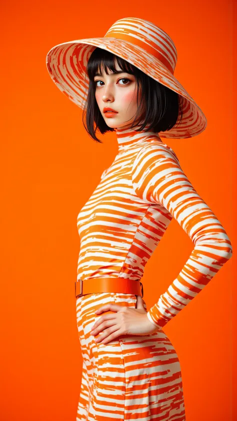 8k, masterpiece, highest quality, Orange and white striped fashion, retro 1960s style, large brimmed hat, bob haircut, bright orange lipstick, intense gaze, striking portrait, orange backdrop, high contrast, vibrant colors, symmetrical composition, fashion...