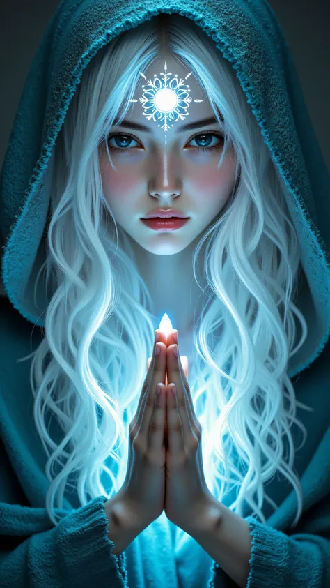 8k, masterpiece, highest quality, Ethereal, fantasy, luminous pale skin, long white hair, ice blue eyes, glowing forehead crystal, sparkling snowflakes, teal hooded cloak, praying hands, soft lighting, magical aura, detailed facial features, serene express...