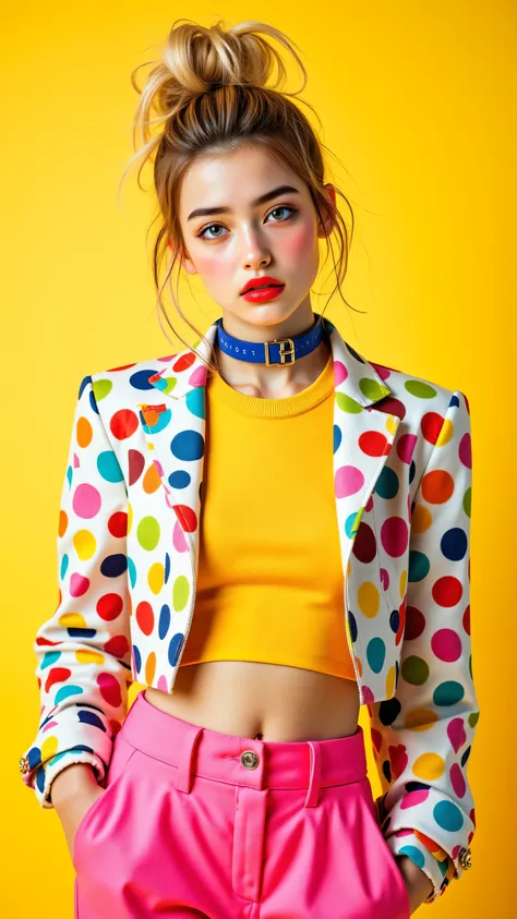 8k, masterpiece, highest quality, Vibrant, 80s fashion, blonde messy updo, bright blue eyes, red lipstick, colorful polka dot jacket, yellow polka dot crop top, hot pink pants, blue choker, yellow background, studio lighting, high contrast, pop art style, ...