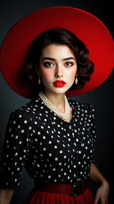 8k, masterpiece, highest quality, elegant woman, large red hat, bright red lipstick, pearl necklace, black polka dot top, red belt, retro glamour, studio lighting, high contrast, fashion photography, dramatic shadows, cinematic, 1950s style, vivid colors, ...