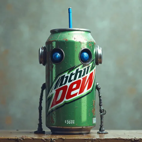 a frightened blue-eyed robot wearing inline roller skates is disguised as a sweaty gold aluminum can with a cobalt blue straw coming out of his head mountain dew can