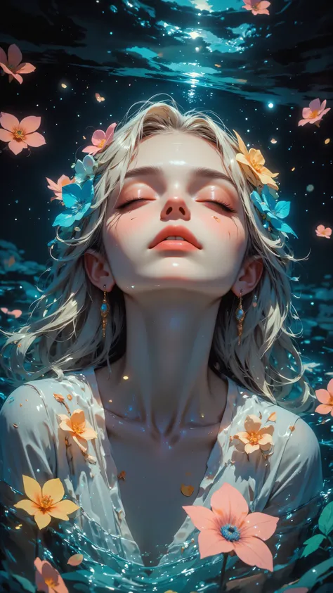 8k, masterpiece, highest quality, Ethereal, blonde woman in water, face tilted upward, eyes closed, serene expression, flower petals floating, sparkling water droplets, vibrant colors, dreamy atmosphere, soft lighting, fantasy portrait, high detail