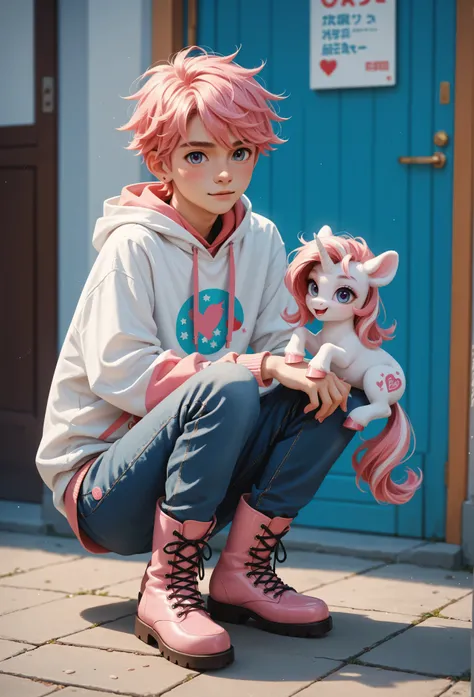 score_9, score_8_up, score_7_up, score_6_up, score_5_up, score_4_up, source_anime,  cute boy wearing a pink and white coloured unicorn printed boot, the boots are printed with unicorn design extremely detailed, well done art, highly detailed, unicorn shape...