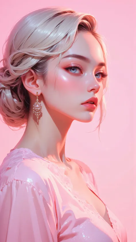 8k, masterpiece, highest quality, woman, blonde hair, updo hairstyle, blue eyes, pink background, soft lighting, elegant makeup, pink top, earrings, side profile, flawless skin, glamorous, feminine, pastel colors, beauty shot, fashion photography, high-end...