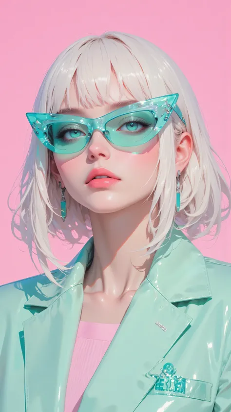 8k, masterpiece, highest quality, platinum blonde hair, turquoise cat-eye sunglasses, pink background, mint green jacket, glossy lips, retro futuristic style, pastel colors, high contrast, sharp focus, studio lighting, editorial look, minimalist aesthetic,...