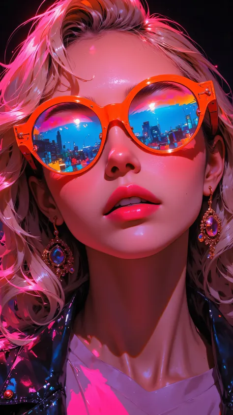 8k, masterpiece, highest quality, Vibrant, oversized orange sunglasses, reflective lenses, bright pink lipstick, curly blonde hair, neon colors, electric blue reflection, retro 80s style, dramatic lighting, high contrast, vivid makeup, fashion photography,...