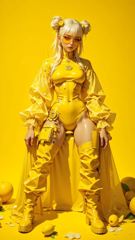 8k, masterpiece, highest quality, Yellow monochromatic, futuristic avant-garde style, blonde hair in double buns, round yellow sunglasses, tulle sleeves with yellow polka dots, yellow leather bodysuit, yellow boots, yellow chair, lemon decorations, bold an...