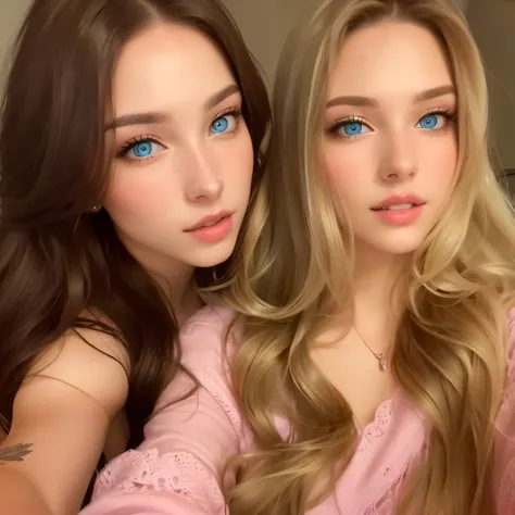 two women with long hair and blue eyes taking a selfie, dasha taran, one blonde and one brunette, two girls, beautiful girls, anna nikonova aka newmilky, beautiful gemini twins, gorgeous faces, russian girlfriend, two models in the frame, instagram model, ...