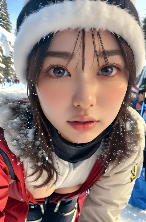 nsfw,  nudes, Skiでは , Snow Crown , full nude, In the snowy mountains, Ski, medium boobs when skiing, Nipples, vagina, showing pussy for viewers, pubic hair,  taken by a cowboy,   black hair,  sensual expression, full body:1.4,  spread your legs, ( Clear Ey...