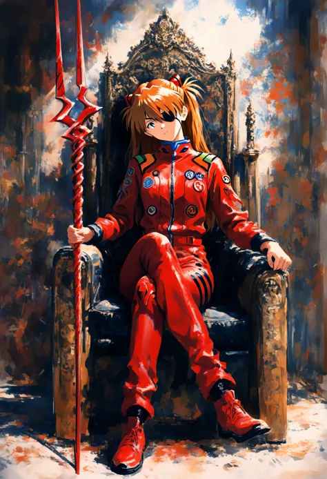 1 , souryuu asuka langley,  neon genesis evangelion template, sensitive,  alone, eye patch,  red jumpsuit ,  sitting on the throne,  crossed legs, head tilt,  holding gun , Lance de Longinus \(evangelion\), tiro de cowboy, depth of field, fake traditional ...