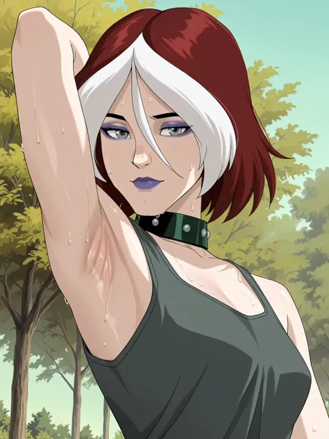 masterpiece, best quality, amazing quality, anime screencap, 1girl, solo, xroguex, dyed bangs, white hair, red hair, hair between eyes, (grey eyes:1.1), makeup, purple lips, collar, grey tank top, sleeveless, bare shoulders, bare arms, arm behind head, arm...