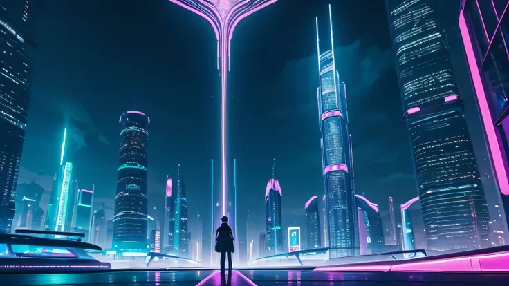 A smooth and luminous futuristic world, with holographic skyscrapers, blue and pink neon lights, and a sky in pastel tones. People floating gently, wearing high-tech clothing, in an environment that feels like a dream. A cyberpunk visual style, but with a ...