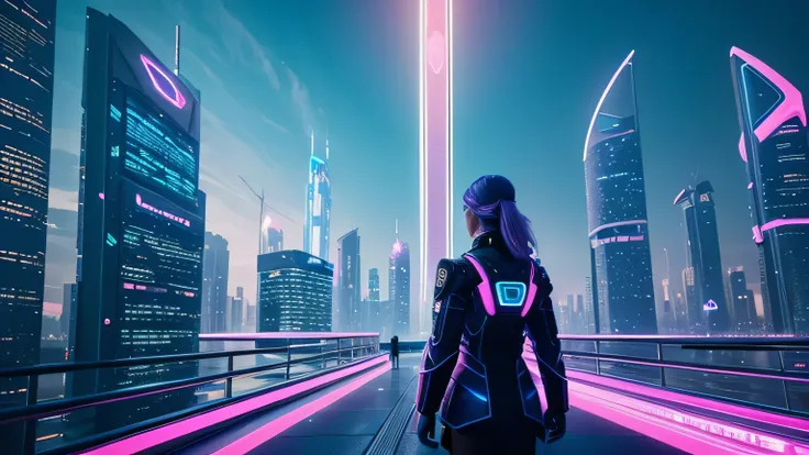 A smooth and luminous futuristic world, with holographic skyscrapers, blue and pink neon lights, and a sky in pastel tones. People floating gently, wearing high-tech clothing, in an environment that feels like a dream. A cyberpunk visual style, but with a ...