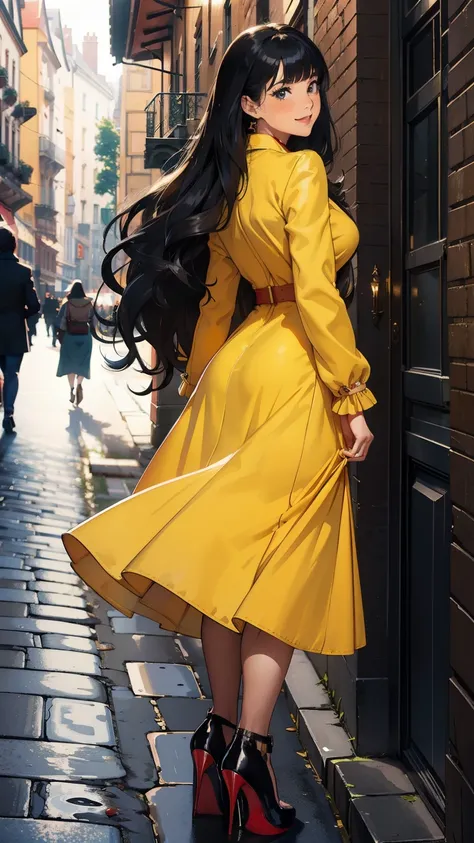 ((masterpiece, high resolution, better quality, better details)), ((Smiling)), ((one girl)) a girl walking down a historic city street, full body, wearing a vintage-inspired long coat over a long dress, ((long dress without openings)), ((Louboutin high hee...