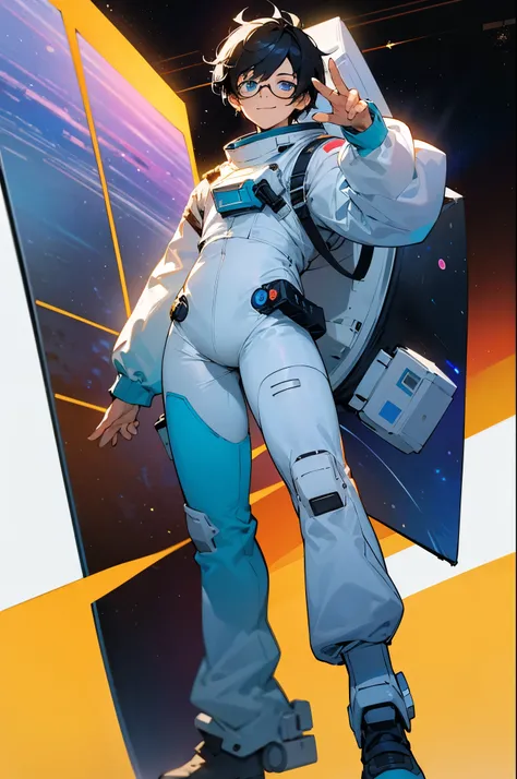 1,19 years old,university student,male,Black Hair,Light blue eyes,Short Hair,Spacesuit,（Cool pose）,Standing posture,Glasses,（whole body）,White background,smile,The shoes are blue