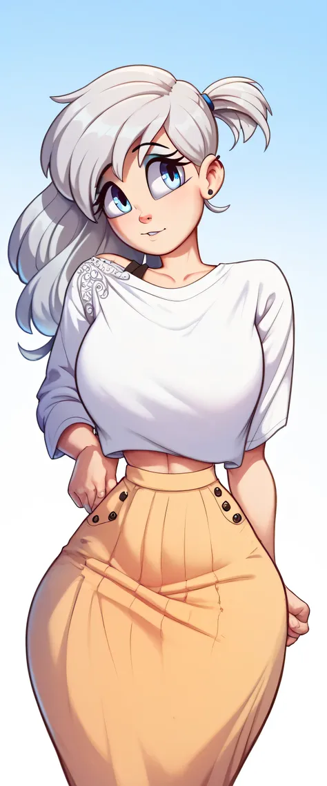 A sexy beautiful big breasted woman, attractive silver hair, long upper back, is usually tied in a side ponytail over her shoulder, her blue eyes, her curvy body wears a white shirt, a long sweatshirt and a firm long dark yellow skirt.
