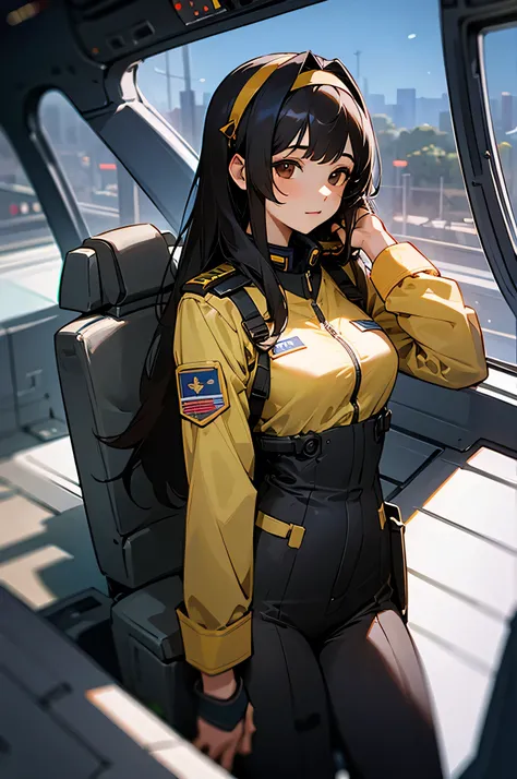 (masterpiece), saijo miki, black hair, brown eyes, long hair, 1girl, solo, hairband, uniform, military, cockpit, military uniform, pilot suit