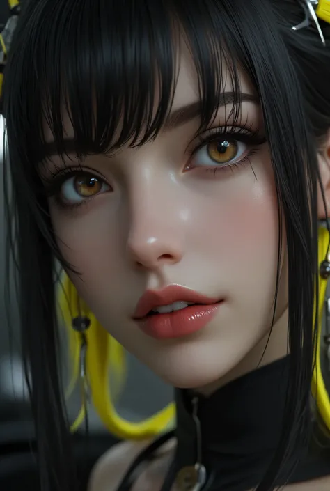 cyborg woman showing elegance and charm, light smile,  has striking brown eyes and diamond-shaped pupils, Wearing a gothic maid outfit with long black apron, accentuates her slim waist and long lashes, black hair and yellow highlights give her a unique loo...