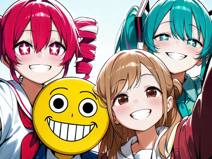 Hatsune Miku group & kasane Teto & Hoshino Ai 8 friends, smile,teeth selfie smiley,happiness, instead