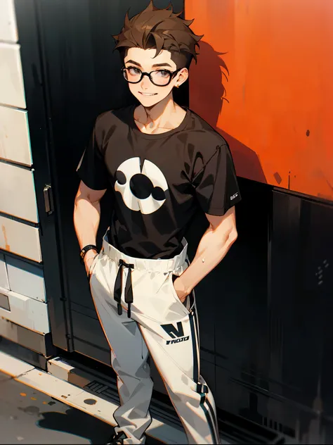 A young male wearing glasses while standing on the sidewalks of new york,  wearing a Black Fitted T-Shirt with White Circle Graphics and white sweatpants, as he holds a smiling expression he has messy low cut curly brown hair and modern undercut hair , Mas...