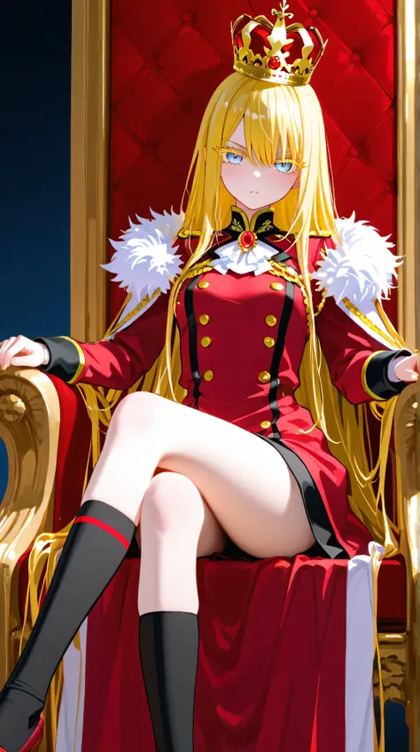 A girl with golden hair and a lazy expression, Light blue eyes and very long golden eyelashes (A royal crown above the head) You are sitting on a very great throne wearing a white and red military dress, A sharp look,  A red brooch and very long socks are ...