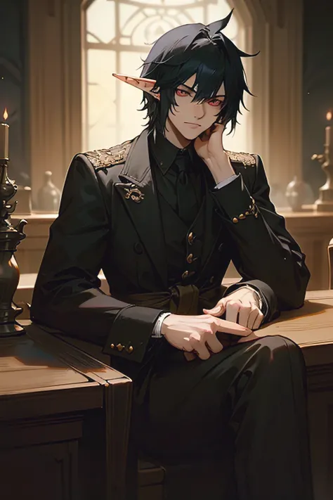 A 25-year-old handsome young man with a cold, piercing gaze. His striking red eyes with sharp, dragon-like pupils exude an air of mystery and intensity. His messy, layered black-blue hair, styled in natural spikes like Noctis from Final Fantasy XV, frames ...