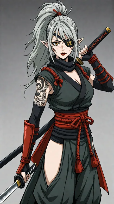 1girl, long hair, gray hair, ponytail, eye patch, kunoichi, samurai, beautiful, pointy ears, holding a katana, amber eyes, D&D, warlock, freckles, dark red lips, scar on eye, black tint on eye, white katana, nodachi, freckles on face, eyepatch, black tatto...
