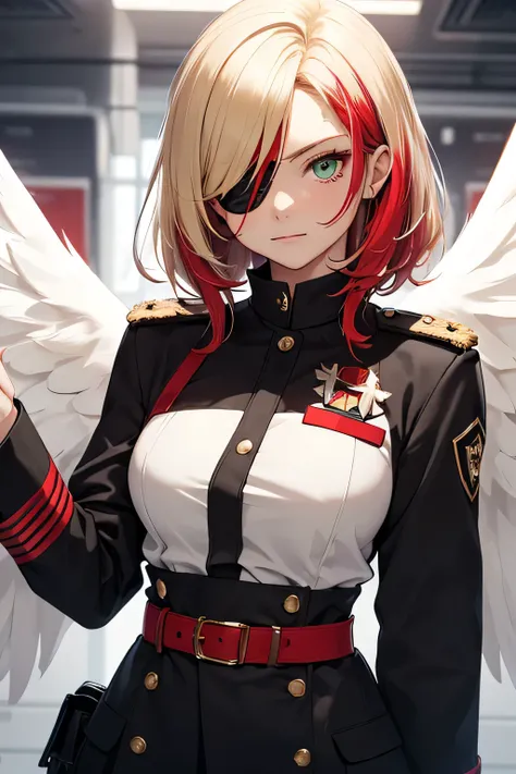 Angel, 20 years old, has short blonde hair with several red streaks, green eyes. She wears an eye patch over her right eye and a black and white outfit with red details, resembling a high-ranking military uniform, adapted for a region of intense cold.