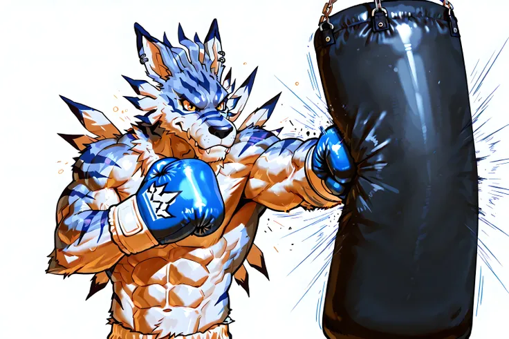 weregarurumon, high quality, male, solo, white background, no background, very muscular, wearing blue boxing_gloves, pov_boxing, thick arms, heavweight body, punching bag, boxing gloves, punching, boxing, training, exercising, outstretched arm