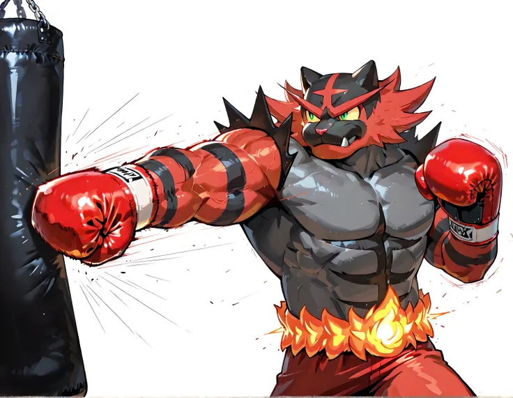 incineroar, high quality, male, solo, white background, no background, wearing black boxing_gloves, thick arms, punching bag, boxing gloves, punching, boxing, training, exercising, outstretched arm