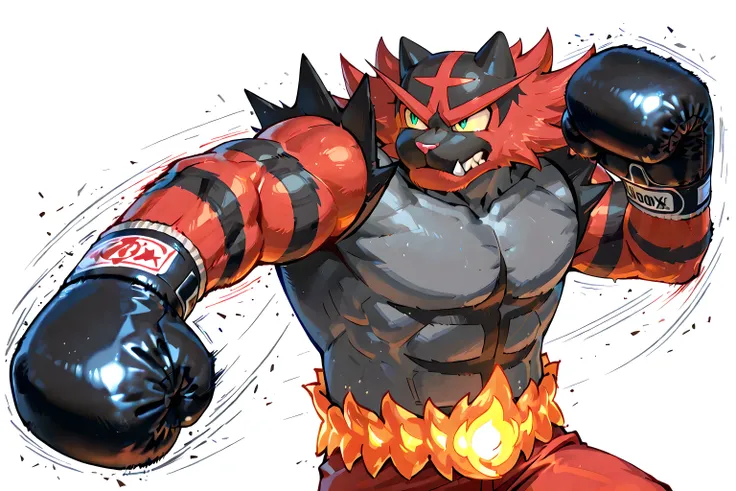 incineroar, high quality, male, solo, white background, no background, wearing black boxing_gloves, thick arms, boxing gloves, punching, boxing, training, exercising, outstretched arm