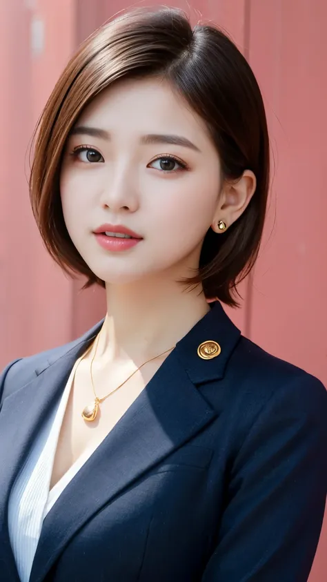 RAW Photos, High resolution, Very detailed, Intricate details, 、ear piercing、、short hair、Black Hair、Clear beauty、 Office Lady Suits 、Necklace around the neck、, The background is the office
