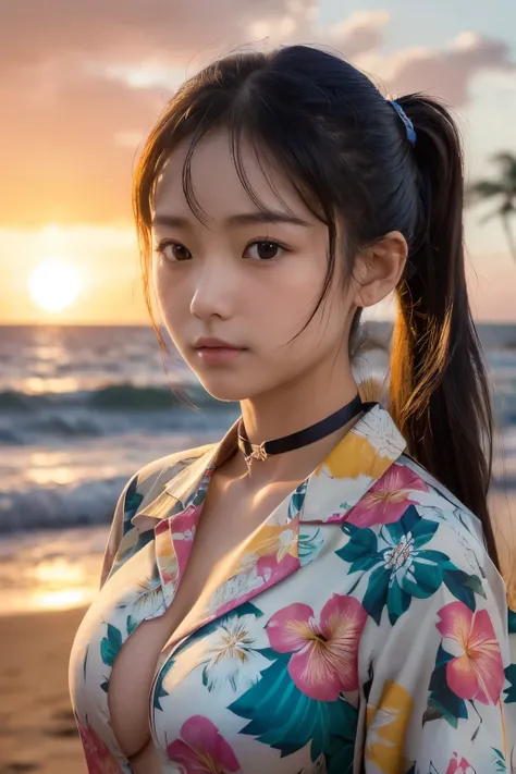 ((( Hawaii Sunset Beach )))、、(Please wear a floral Hawaiian shirt.。..:1.5)、( natural skin texture, hyperrealism, Soft light,  sharp), (intricate details:0.9), (NFSDW, hyperdetails:1.2), Soft light,  sharp,  Exposure Blend ,  intermediate shot, Bokeh, (NFSD...