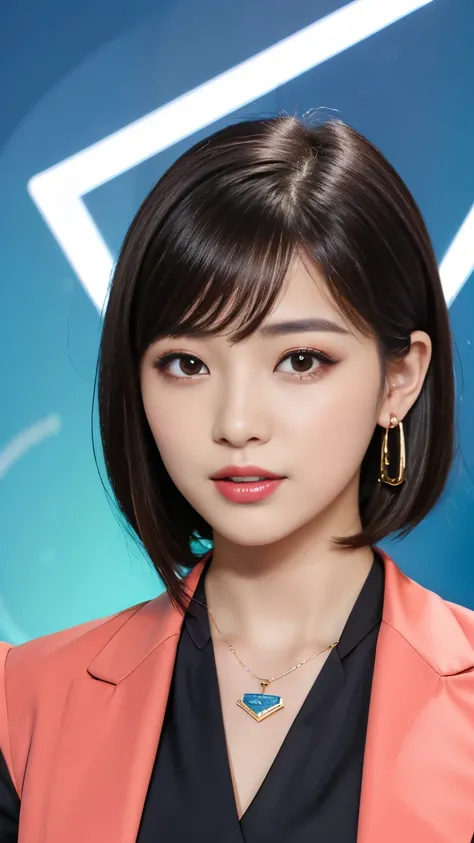 RAW Photos, High resolution, Very detailed, Intricate details, 、ear piercing、、short hair、Jet Black Hair、 DARK EYESHADOW 、 Office Lady Suits 、Necklace around the neck、, The background is the office
