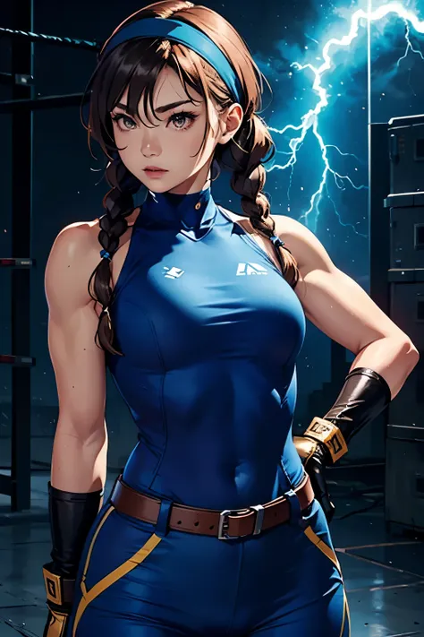 Female Fighter、 upper body up、 mature、 is tall 、 Blue Lightning 、fighting pose、 bullish expression、  gloves、 headband、 single braids、( Blue clothes)、 arm cover、(  Hair)、   Trained Biceps   、( brown long pants )