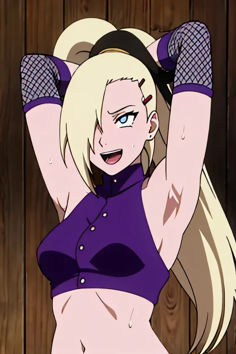 (serving viewer), Ino yamanaka, looking at the viewer, attractive, from below, ultra detailed face, sunny day, day time, upper body view, anime style, solo, detailed home, blonde, (purple clothes), ((one eye covered with hair, hair over eye)), medium breas...