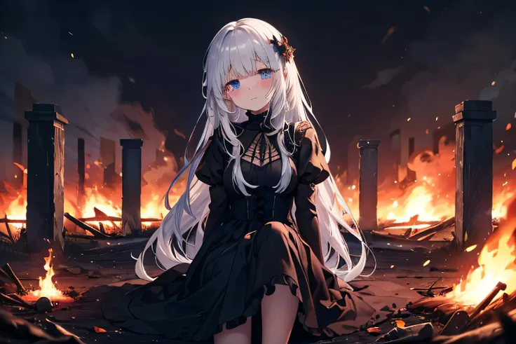 1080p, masterpiece, ultra high quality, perfect, fire, flames, sitting in fire, burning garden, charred and blackened surroundings, wildfire, masterpiece, highdef, 4k, luminous valentine, cute, princess, long silver hair, sharp features, silver hair, black...