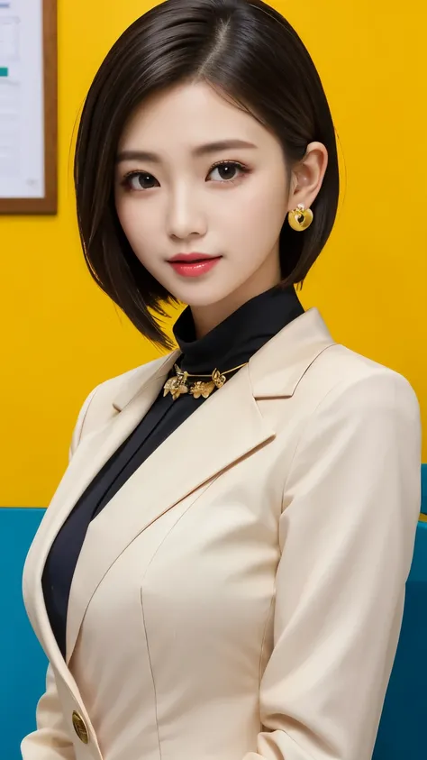 RAW Photos, High resolution, Very detailed, Intricate details, 、ear piercing、、short hair、Black Hair、濃いアイシャドウ、 Office Lady Suits 、Necklace around the neck、, The background is the office
