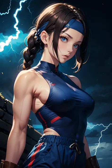 Female Fighter、 upper body up、 mature、 is tall 、 Manipulate blue lightning、fighting pose、 bullish expression、  gloves、 headband、 single braids、( Blue clothes)、 arm cover、(  Hair)、   Trained Biceps   、( brown long pants )