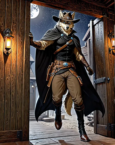 (Masterpiece, Absurdres, Hyper detailed, 4k, UHD) Anime-style illustration, Anatomically correct, (((Solo))) Fantasy Western, 1 cool adult male, Gray wolf, Blue eyes, Serious, Bounty hunter, Bounty hunter-style outfit, Hat, Black-cloak, Night, Open the Wes...