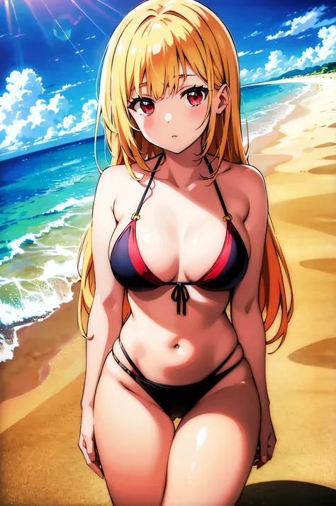 1girl, half black half blonde long hair, red eyes, bikini, beach, absurdres, high res, ultrasharp, 8K, masterpiece, looking at viewer