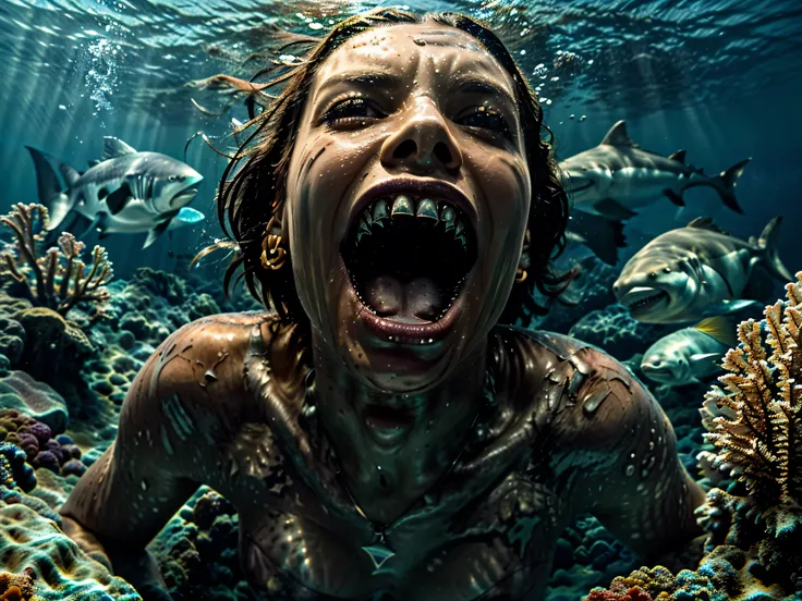 An intense and realistic underwater scene, set in a deep ocean with solar lights penetrating the surface. A huge megalodon shark, with a creepy appearance and sharp teeth, is chasing a person swimming desperately to escape. The person is swimming naked,  w...