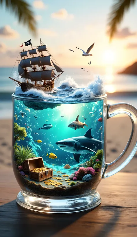 A hyper-realistic, highly detailed scene of a vintage-style transparent glass mug with exquisite craftsmanship and delicate etchings on its surface. The mug is filled with a dynamic ocean world, creating an enchanting microcosm of marine life and treasures...