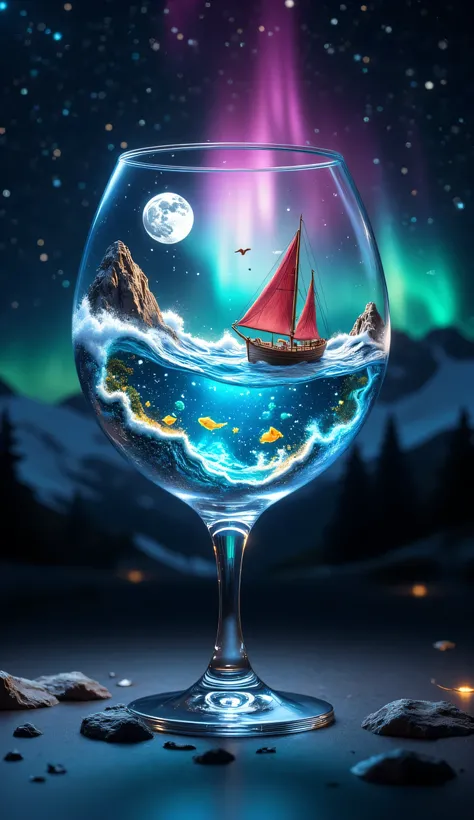 highly detailed scene featuring an elegant transparent wine glass filled with a magical nighttime ocean. The glass stands on a dark surface, creating a stunning contrast with the luminous contents.
Inside the glass:
A turbulent nighttime ocean with visib...