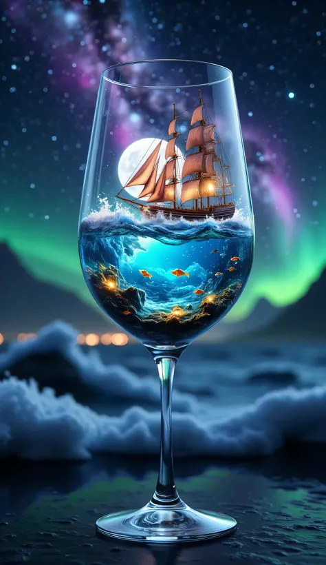 highly detailed scene featuring an elegant transparent wine glass filled with a magical nighttime ocean. The glass stands on a dark surface, creating a stunning contrast with the luminous contents.
Inside the glass:
A turbulent nighttime ocean with visib...