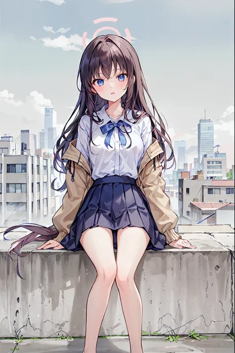 TOP QUALITY、masterpiece、1 girl、 cute、big high school girl、miniskirt、  sits on the ground  ，、Kamimei、is staring at me、