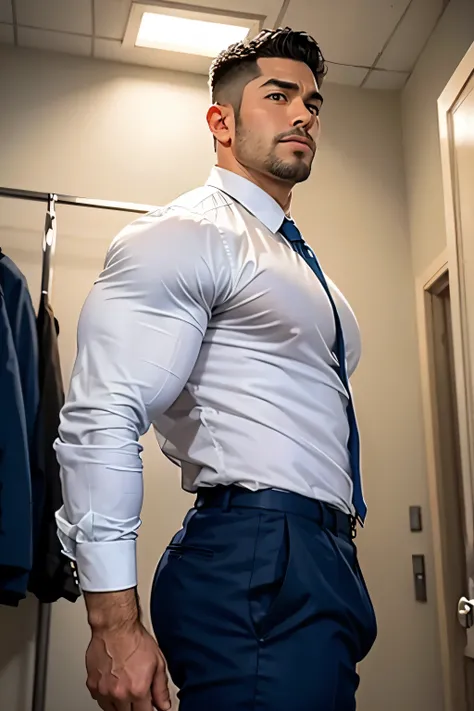 40-year-old boy Japanese muscular male in transparent white formal shirt......... short haired, bearded, wearing navy blue shiny trouser ...........gooning seductive expression.................... dripping on body and pants...................., arching bac...